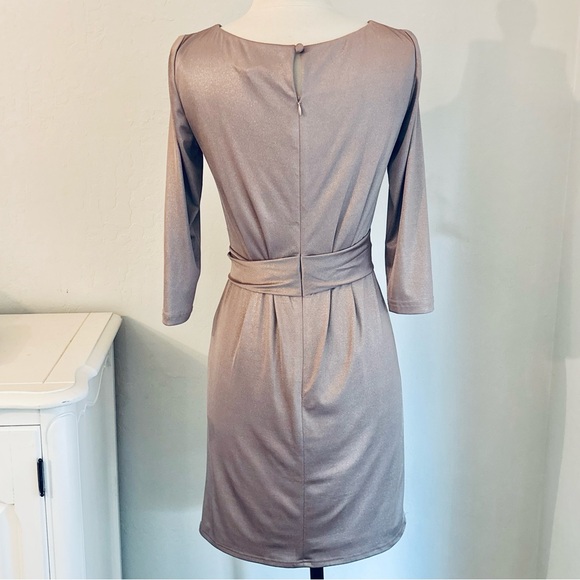Tahari Nude Shimmer Fitted Boatneck 3/4 Sleeve Twist Waist Cocktail Dress, 2P - Picture 4 of 10